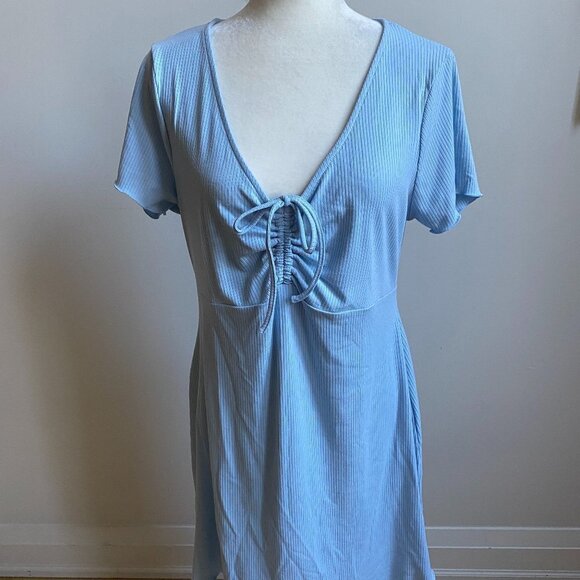 BP Women Blue Ribbed Tie Front Dress BNWOT Lettuce Edge Short Sleeve - Picture 2 of 8